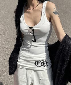 Slim-Fit Versatile Ribbed Tank Top with Cross Totem Print - American Casual Street Style Trendy Y2K Fashion Top