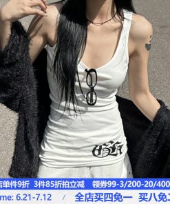 Slim-Fit Versatile Ribbed Tank Top with Cross Totem Print - American Casual Street Style Trendy Y2K Fashion Top