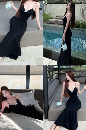 Slim High Golden Cut Sling Dress - Socialite Style Long Slimming Dress for Women, Perfect for 90s and Y2K Fashion Trends