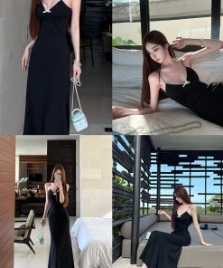 Slim High Golden Cut Sling Dress - Socialite Style Long Slimming Dress for Women, Perfect for 90s and Y2K Fashion Trends