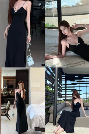 Slim High Golden Cut Sling Dress - Socialite Style Long Slimming Dress for Women, Perfect for 90s and Y2K Fashion Trends