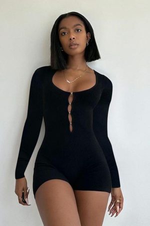 Slim Long Sleeve Hollow Jumpsuit for Women - Solid Color Autumn Fashion - Trendy European and American Style Outfit