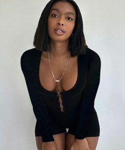 Slim Long Sleeve Hollow Jumpsuit for Women - Solid Color Autumn Fashion - Trendy European and American Style Outfit