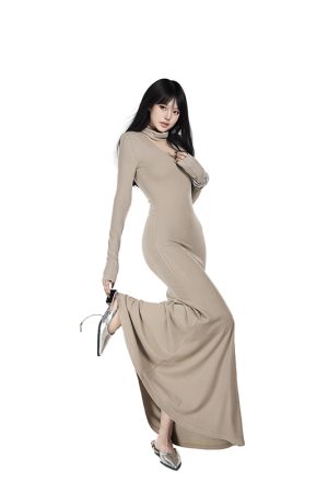 Slimming Greek Mousse Big U-neck Dress for Women - Versatile Long Skirt with Collar, Spring Slim Fit Fashion