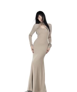 Slimming Greek Mousse Big U-neck Dress for Women - Versatile Long Skirt with Collar, Spring Slim Fit Fashion