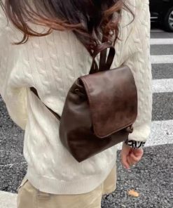 Small Red Retro Compact Backpack for Women - Minimalist Brown Shoulder Bag, 2025 Spring/Summer Style