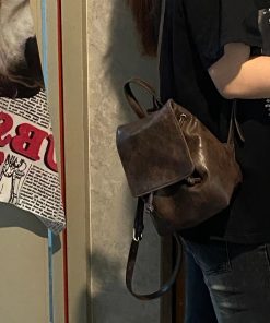 Small Red Retro Compact Backpack for Women - Minimalist Brown Shoulder Bag, 2025 Spring/Summer Style