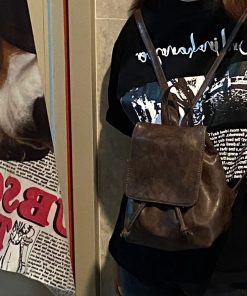 Small Red Retro Compact Backpack for Women - Minimalist Brown Shoulder Bag, 2025 Spring/Summer Style