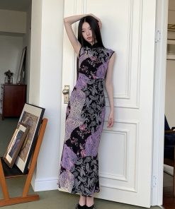 Smoked Purple Tone Printed Patchwork Contrast Color Stretch Mesh Chinese Style Qipao Dress for Modern Fashion Enthusiasts