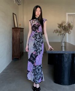 Smoked Purple Tone Printed Patchwork Contrast Color Stretch Mesh Chinese Style Qipao Dress for Modern Fashion Enthusiasts
