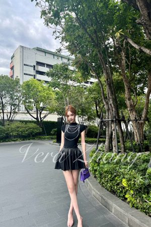 Socialite Style Black Pearl Slim Fit Short Sleeve T-Shirt and Ultra Short Skirt Set - Summer 90s Inspired Fashion