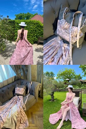 Socialite Style Long Dress for Women - Two-Piece Set in Floral Design, Perfect for Tall Individuals, Trendy Y2K Fashion