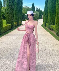 Socialite Style Long Dress for Women - Two-Piece Set in Floral Design, Perfect for Tall Individuals, Trendy Y2K Fashion