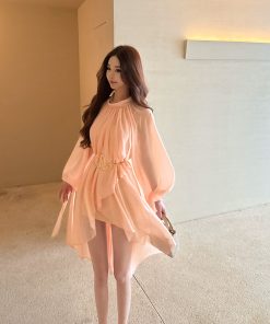 Socialite-Style Sunset Queen Dress for Women with Irregular Lantern Sleeves & Waist Cinching - Perfect for 90s and Y2K Fashion