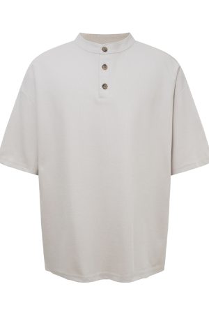 Soft American Style Henry Collar T-shirt - Comfortable Short Sleeve Top for Versatile Everyday Wear