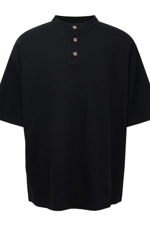Soft American Style Henry Collar T-shirt - Comfortable Short Sleeve Top for Versatile Everyday Wear