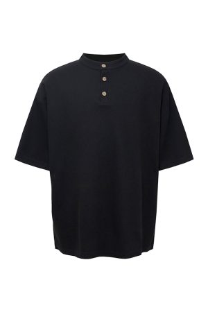 Soft American Style Henry Collar T-shirt - Comfortable Short Sleeve Top for Versatile Everyday Wear