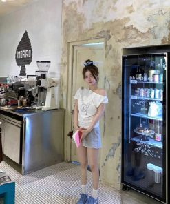 Soft and Breathable Off-Shoulder Short-Sleeve T-Shirt for Women, Casual Printed One-Shoulder Top, Trendy Y2K Fashion