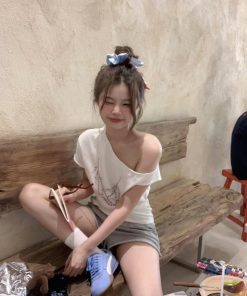 Soft and Breathable Off-Shoulder Short-Sleeve T-Shirt for Women, Casual Printed One-Shoulder Top, Trendy Y2K Fashion