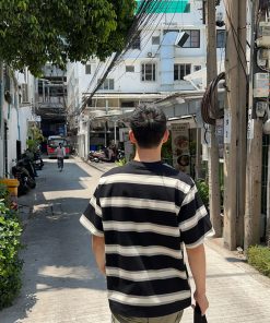 Soft Black and White Striped Short Sleeve T-Shirt for Men - Summer Korean Style Simple Loose Casual Versatile Top