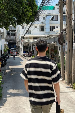 Soft Black and White Striped Short Sleeve T-Shirt for Men - Summer Korean Style Simple Loose Casual Versatile Top