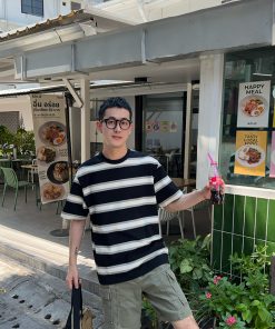 Soft Black and White Striped Short Sleeve T-Shirt for Men - Summer Korean Style Simple Loose Casual Versatile Top