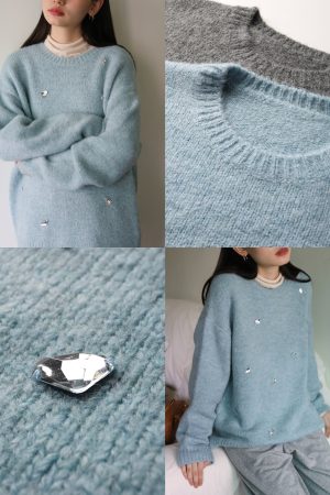 Soft Cloud-Like Plush Hand-Sewn Diamond Loose-Fit Heavyweight Knitted Sweater for Cozy Chic Style