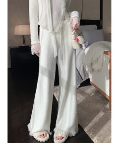 Soft Fluffy White Knitted Wide-Leg Pants for Women - High Waist Draped Mink Velvet with Tassel Edges - Autumn Winter Style