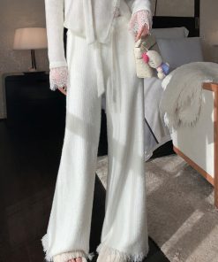 Soft Fluffy White Knitted Wide-Leg Pants for Women - High Waist Draped Mink Velvet with Tassel Edges - Autumn Winter Style
