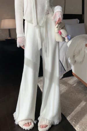 Soft Fluffy White Knitted Wide-Leg Pants for Women - High Waist Draped Mink Velvet with Tassel Edges - Autumn Winter Style