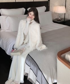 Soft Fluffy White Knitted Wide-Leg Pants for Women - High Waist Draped Mink Velvet with Tassel Edges - Autumn Winter Style
