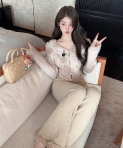 Soft Fluffy White Knitted Wide-Leg Pants for Women - High Waist Draped Mink Velvet with Tassel Edges - Autumn Winter Style