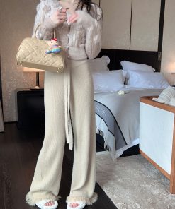 Soft Fluffy White Knitted Wide-Leg Pants for Women - High Waist Draped Mink Velvet with Tassel Edges - Autumn Winter Style