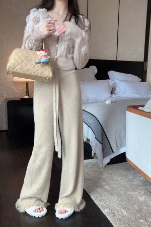 Soft Fluffy White Knitted Wide-Leg Pants for Women - High Waist Draped Mink Velvet with Tassel Edges - Autumn Winter Style