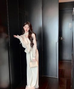 Soft Fluffy White Knitted Wide-Leg Pants for Women - High Waist Draped Mink Velvet with Tassel Edges - Autumn Winter Style
