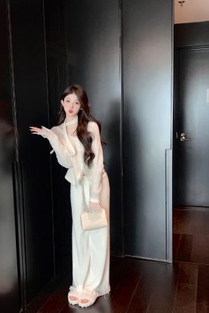 Soft Fluffy White Knitted Wide-Leg Pants for Women - High Waist Draped Mink Velvet with Tassel Edges - Autumn Winter Style