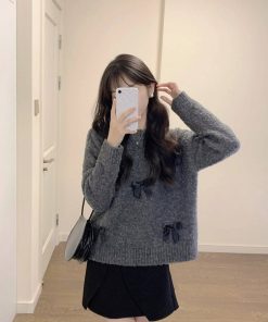 Soft Gray Bow Tie Sweater Knit Top for Women - Round Neck, Short Style, Petite Fit, Perfect for Autumn and Winter Fashion