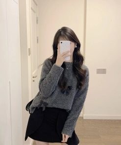 Soft Gray Bow Tie Sweater Knit Top for Women - Round Neck, Short Style, Petite Fit, Perfect for Autumn and Winter Fashion