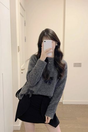 Soft Gray Bow Tie Sweater Knit Top for Women - Round Neck, Short Style, Petite Fit, Perfect for Autumn and Winter Fashion