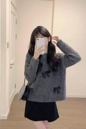 Soft Gray Bow Tie Sweater Knit Top for Women - Round Neck, Short Style, Petite Fit, Perfect for Autumn and Winter Fashion