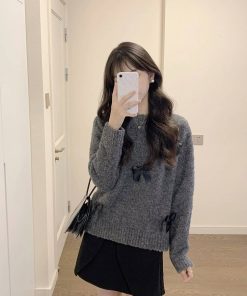 Soft Gray Bow Tie Sweater Knit Top for Women - Round Neck, Short Style, Petite Fit, Perfect for Autumn and Winter Fashion