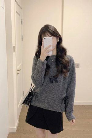 Soft Gray Bow Tie Sweater Knit Top for Women - Round Neck, Short Style, Petite Fit, Perfect for Autumn and Winter Fashion