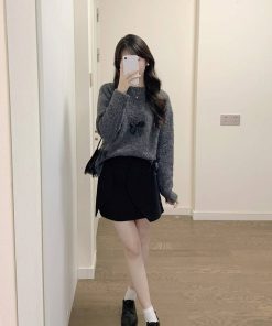 Soft Gray Bow Tie Sweater Knit Top for Women - Round Neck, Short Style, Petite Fit, Perfect for Autumn and Winter Fashion