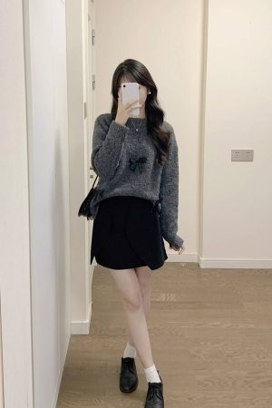 Soft Gray Bow Tie Sweater Knit Top for Women - Round Neck, Short Style, Petite Fit, Perfect for Autumn and Winter Fashion
