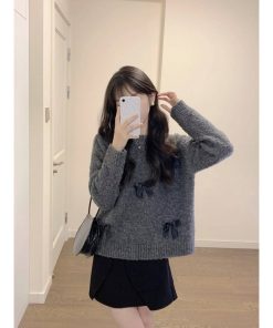 Soft Gray Bow Tie Sweater Knit Top for Women - Round Neck, Short Style, Petite Fit, Perfect for Autumn and Winter Fashion