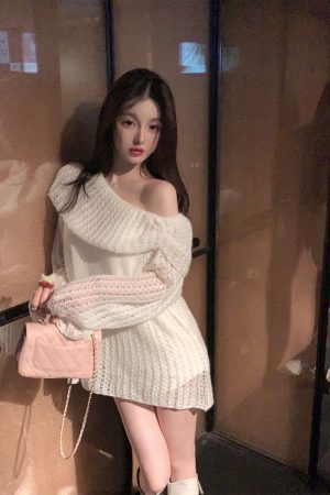 Soft Hollow Shoulder White Sweater for Women - Loose Elegant Knitted Cardigan in Lazy Style
