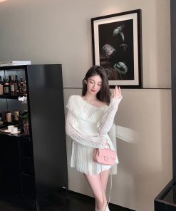 Soft Hollow Shoulder White Sweater for Women - Loose Elegant Knitted Cardigan in Lazy Style