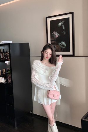 Soft Hollow Shoulder White Sweater for Women - Loose Elegant Knitted Cardigan in Lazy Style