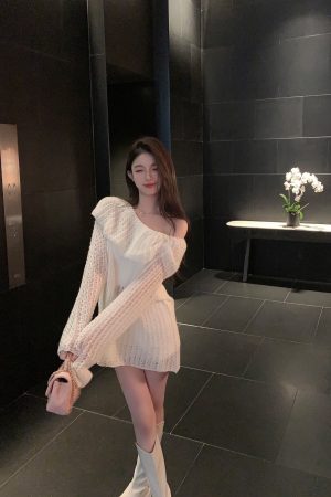 Soft Hollow Shoulder White Sweater for Women - Loose Elegant Knitted Cardigan in Lazy Style