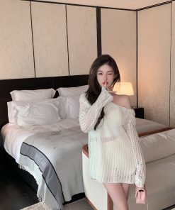 Soft Hollow Shoulder White Sweater for Women - Loose Elegant Knitted Cardigan in Lazy Style